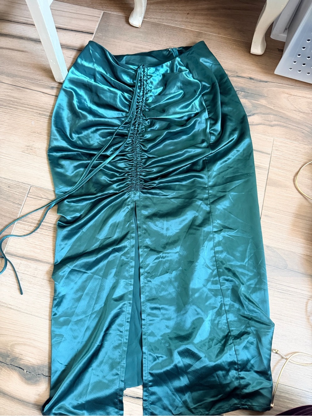 Green Satin Ruched Midi Skirt